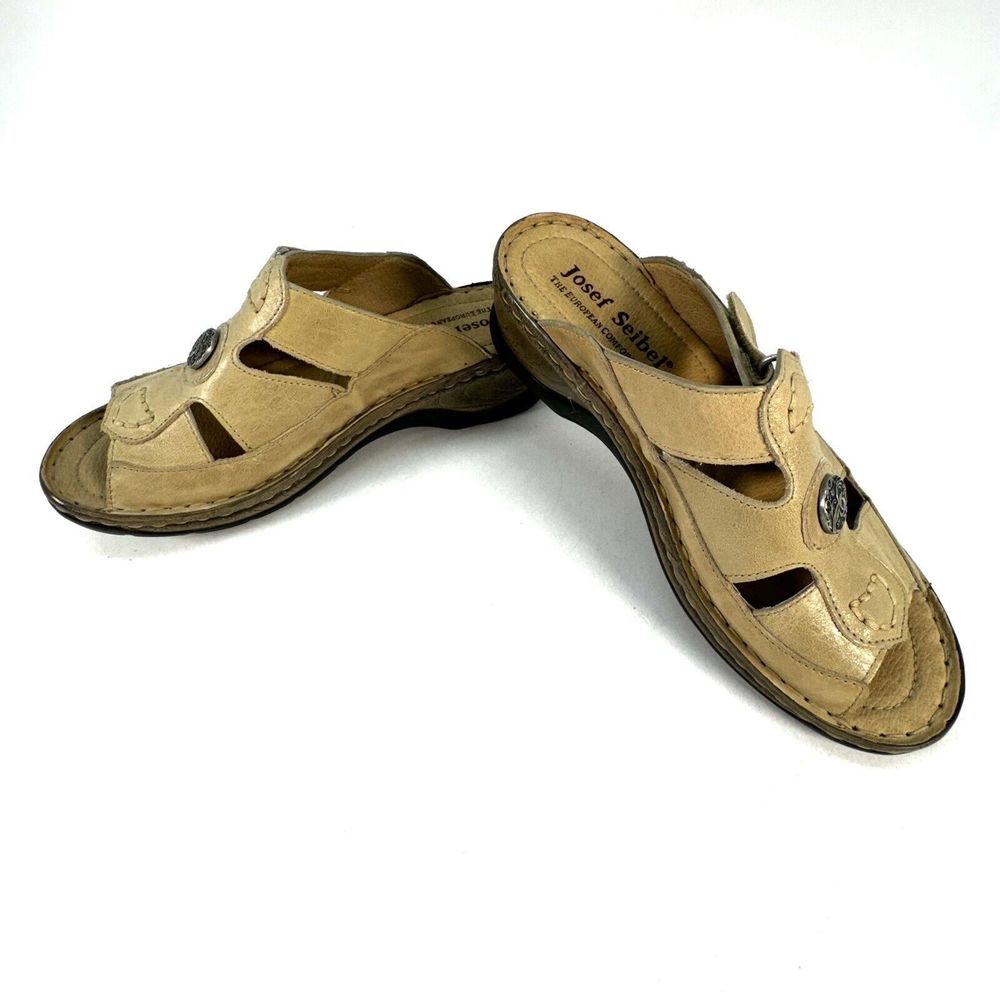Josef Seibel Shoes Womens 39 Sandals Comfort Wedge Slide Leather Boho Beige